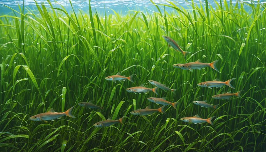 Vibrant green seagrass meadow with small fish swimming through the grass blades