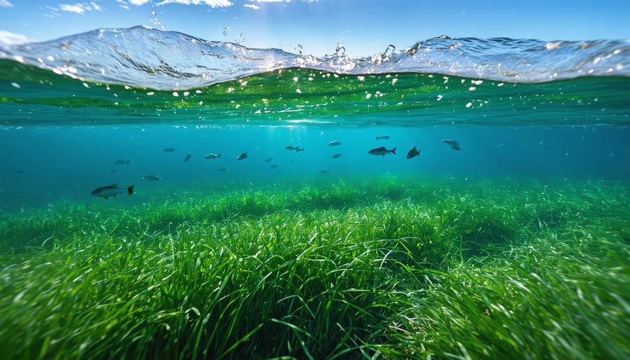 Split-view image of a vibrant seagrass meadow with fish swimming among its blades underwater, while calm coastal waves roll above, depicting the protective and biodiverse nature of seagrass ecosystems.