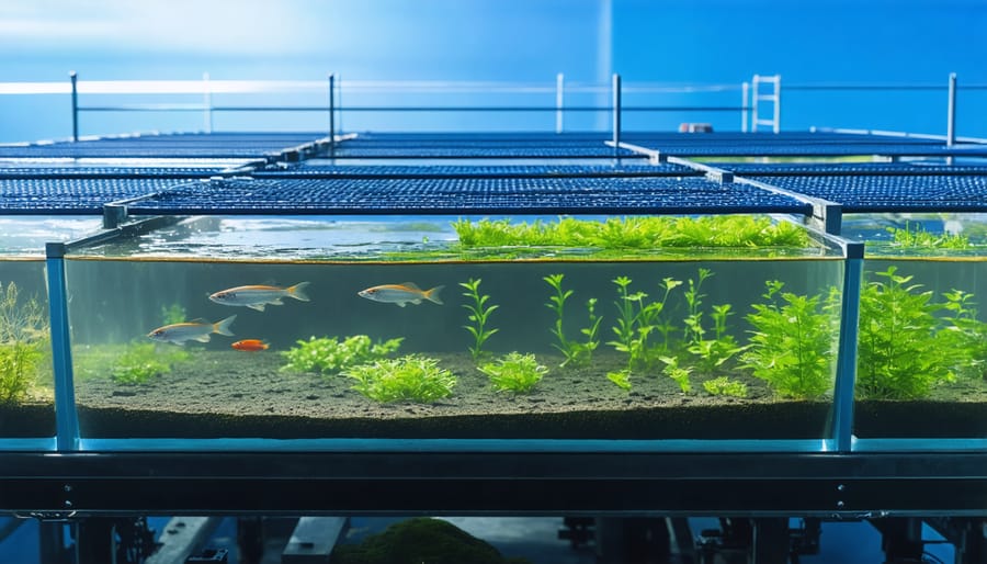 Aerial view of a certified sustainable aquaculture operation with modern environmental protection measures