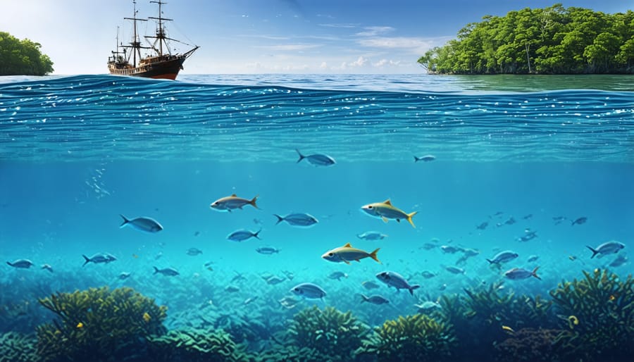 Split-screen image of sustainable fishing boat above water and thriving fish population below