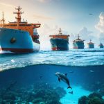 Eco-friendly shipping vessels sailing in harmony with marine life, with dolphins playing in the foreground and a visible coral reef below clear ocean waters against a sunset backdrop.
