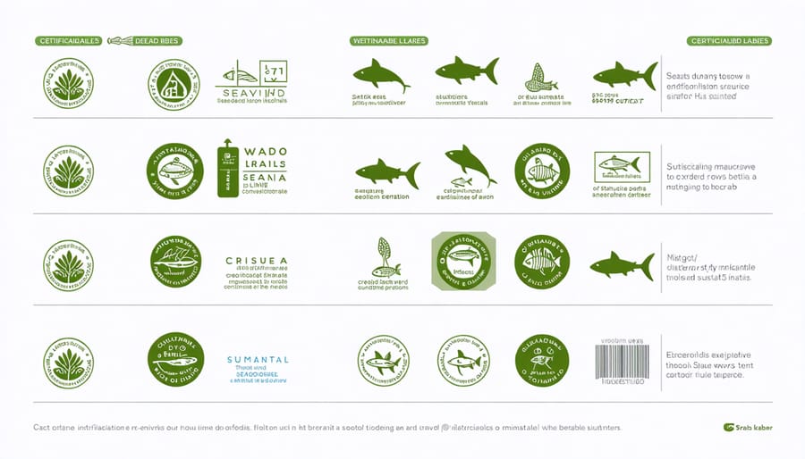 Collection of sustainable fishing certification logos and eco-labels for seafood products