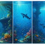 Illustration of the three major marine ecosystems: a coastal area with mangroves and coral reefs at the top, an open ocean section with schools of fish in the middle, and a deep-sea environment with a submersible vehicle and bioluminescent creatures at the bottom.