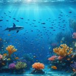A vibrant underwater scene depicting a thriving marine ecosystem with diverse marine species interacting, including coral reefs, schools of fish, and marine mammals, symbolizing sustainability and resilience in ocean ecosystems.