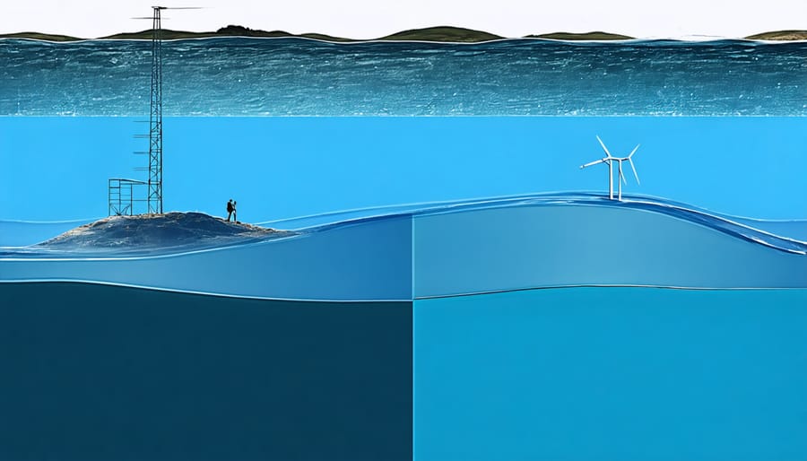 Half-above, half-underwater view of tidal energy turbines showing interaction with marine environment