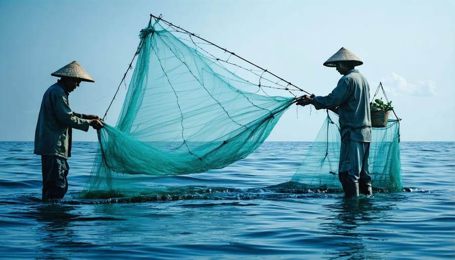 Small-scale fishermen demonstrating sustainable fishing practices with traditional nets