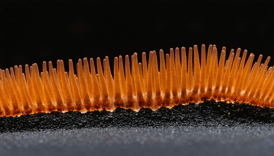 Colony of red-tipped tube worms surrounding a black smoker vent with shimmering hot water emerging