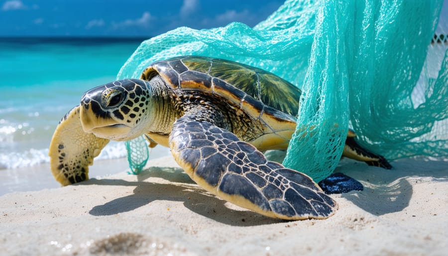 Distressed sea turtle wrapped in abandoned fishing net floating in blue ocean water