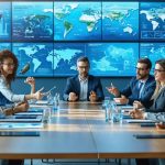 A diverse group of professionals, including investors, scientists, and policymakers, engaged in a collaborative meeting on marine conservation with an ocean landscape in the background, symbolizing the integration of financial investment and environmental preservation.