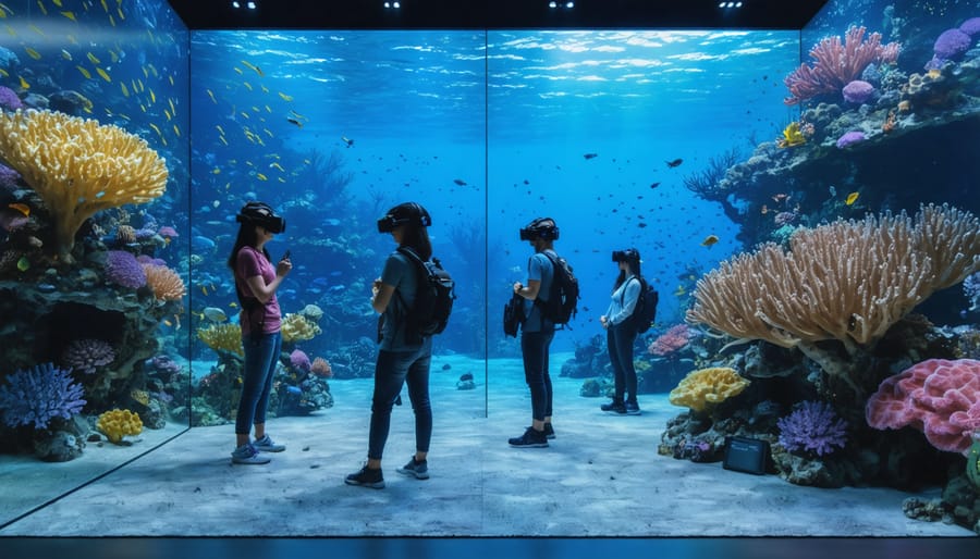 Students wearing VR headsets while interacting with virtual coral reef exhibits