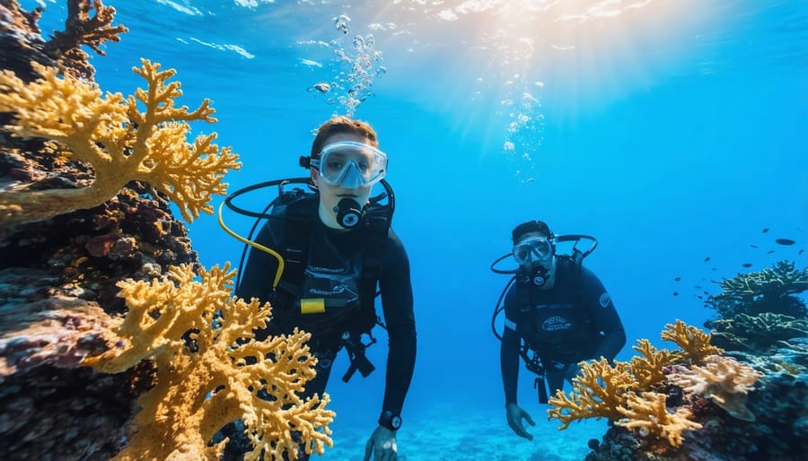 Trained volunteers attaching cultivated coral fragments to reef structures