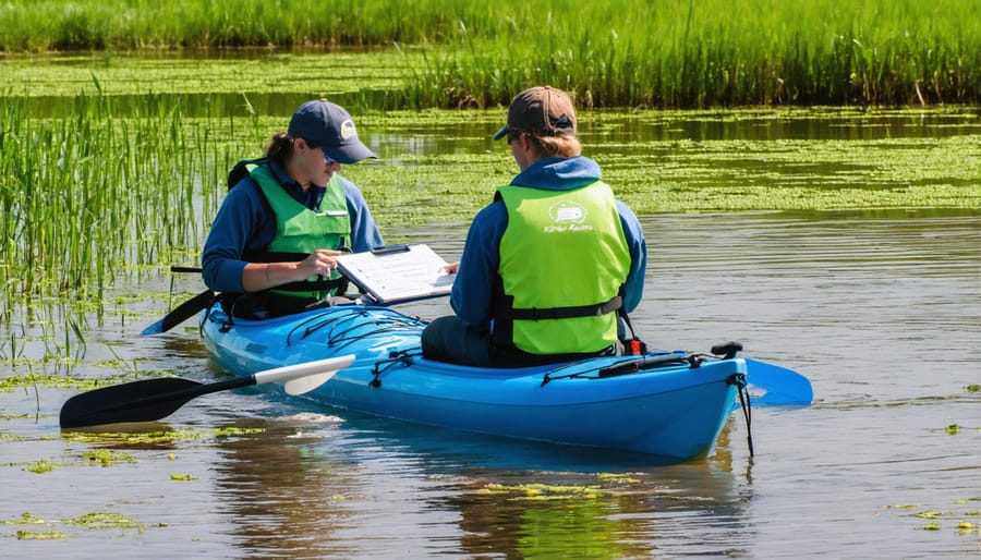 Group of citizen scientists monitoring seagrass from kayaks