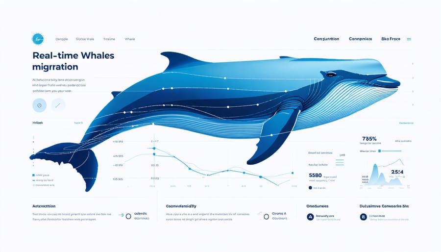 Computer screen showing AI analysis of North Atlantic whale movements with threat indicators