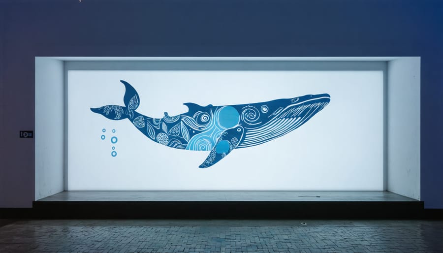 Multi-media art installation combining traditional whale motifs with modern projection technology and recovered marine debris