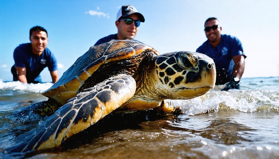 Professional team cleaning and treating an oil-contaminated sea turtle