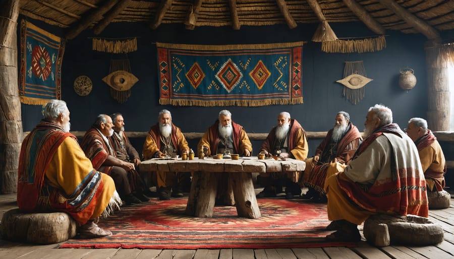 Group of tribal elders in traditional dress seated in circular formation during marine resource management meeting