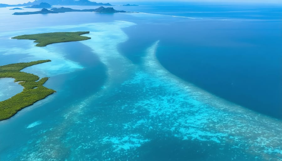 Aerial photograph of coastal waters showing traditional Xi Amaru marine protected areas with coral reefs and natural markers
