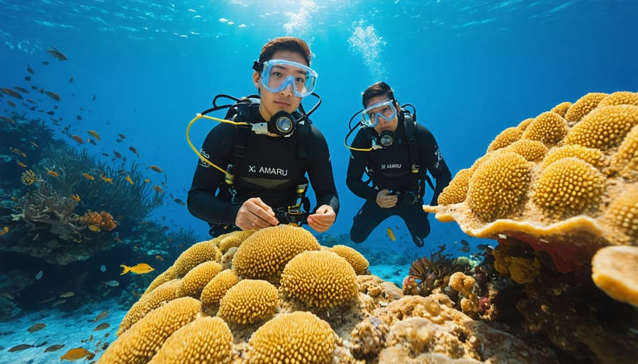 Indigenous community members and scientific researchers conducting underwater surveys of coral reef ecosystems