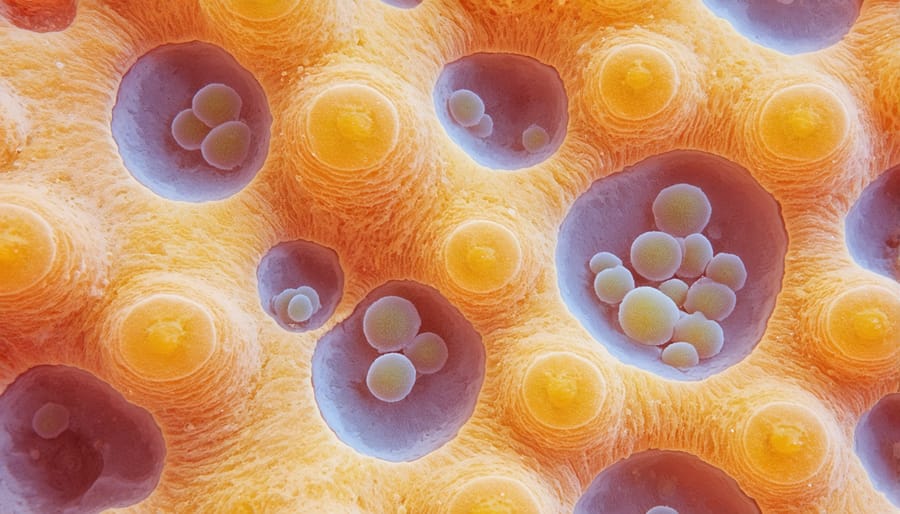 Magnified view of golden-brown zooxanthellae cells living inside coral polyp tissue