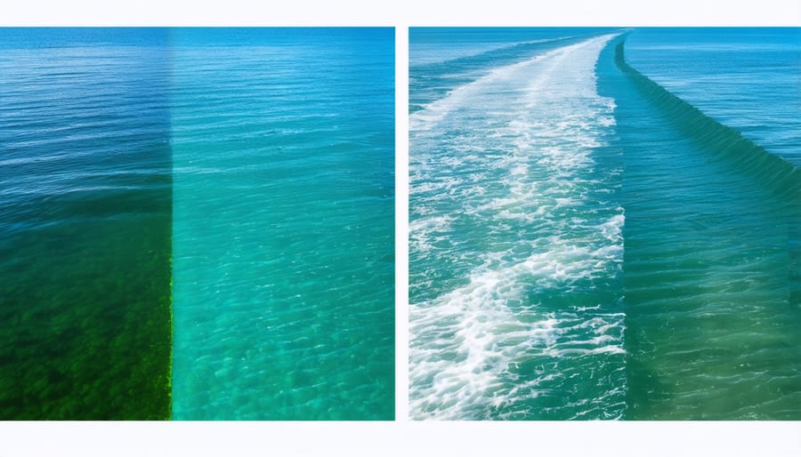 Side-by-side comparison of clear ocean water and water affected by agricultural pollution