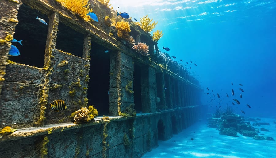 Thriving marine ecosystem around an artificial reef structure with various fish species and coral growth