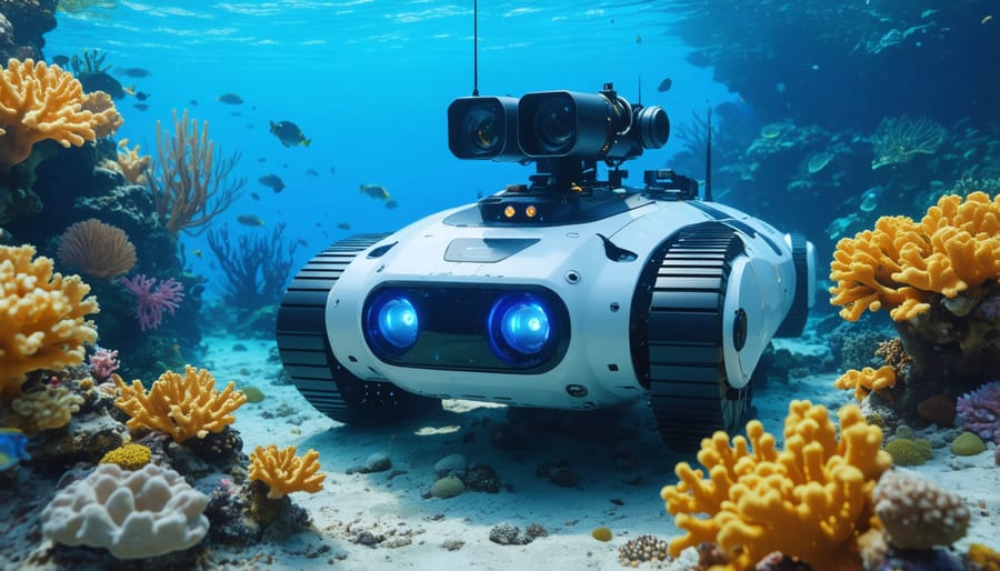 Autonomous underwater robot hovering near a colorful coral reef while collecting data
