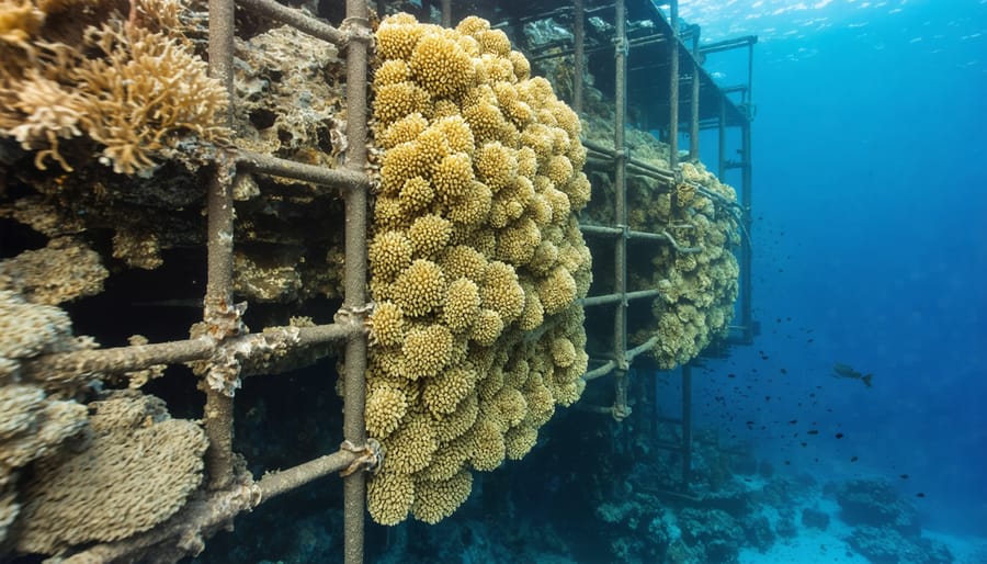 Coral colonies growing on a Biorock artificial reef structure with small fish swimming nearby