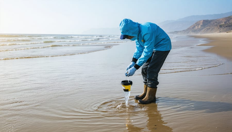 Group of volunteers collecting water samples and recording data for microplastic analysis