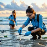 "A group of citizen scientists working together on a beach, collecting water samples for microplastic analysis, with a vibrant sunrise in the background symbolizing hope and commitment."