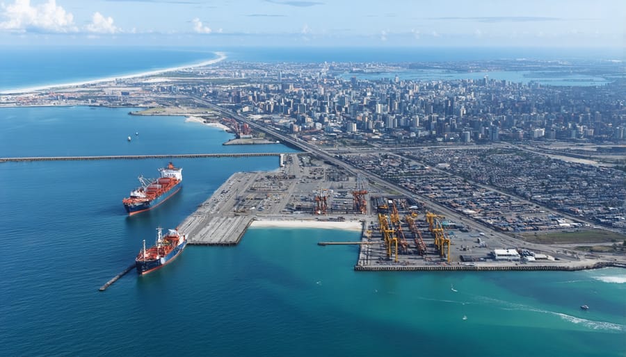 Bird's eye view of a major port city with shipping terminals, coastal buildings, and modified shoreline