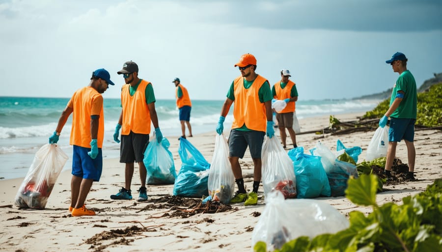 Group of diverse volunteers collecting plastic waste and debris from a coastal beach area
