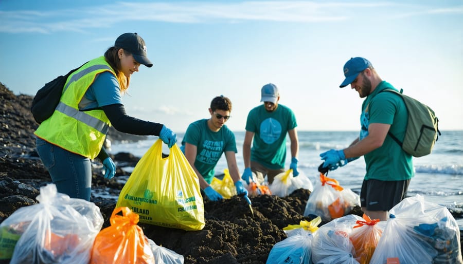 Local volunteers collecting data and removing debris during organized beach cleanup event