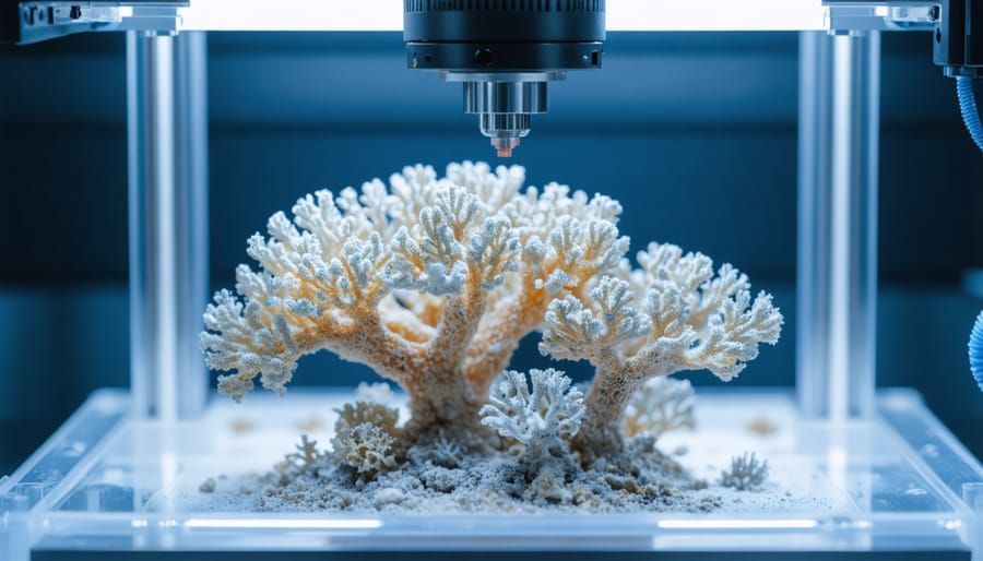 Laboratory 3D bioprinter manufacturing coral reef scaffolds with researchers monitoring the process