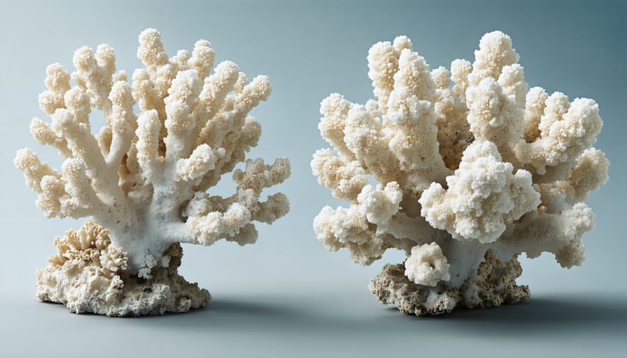 Split image showing healthy colorful coral reef versus bleached white coral reef