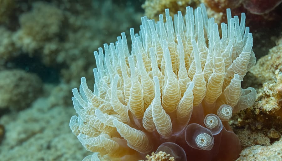 Detailed view of coral polyps with colorful tentacles extended, showing the living coral structure