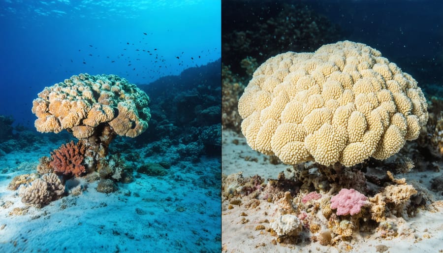 Comparison of vibrant, colorful coral reef ecosystem against a bleached, deteriorating coral reef showing climate change impact
