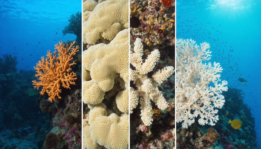 Side-by-side comparison of healthy and acidification-damaged coral reef ecosystems