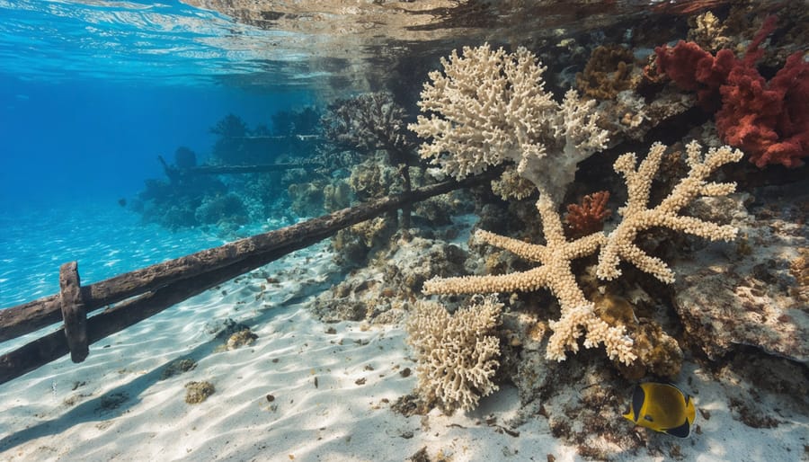 Damaged coral reef showing physical impact from tourist activities