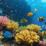 A vibrant underwater scene with various colorful herbivorous fish, including parrotfish and surgeonfish, displaying color changes and patterns among coral reefs. The image highlights their use of color for communication and survival.