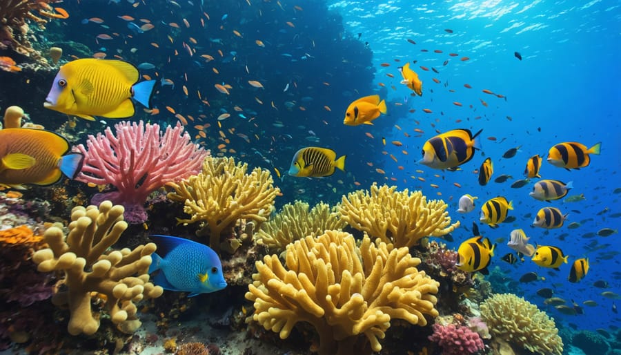 A vibrant underwater scene with various colorful herbivorous fish, including parrotfish and surgeonfish, displaying color changes and patterns among coral reefs. The image highlights their use of color for communication and survival.