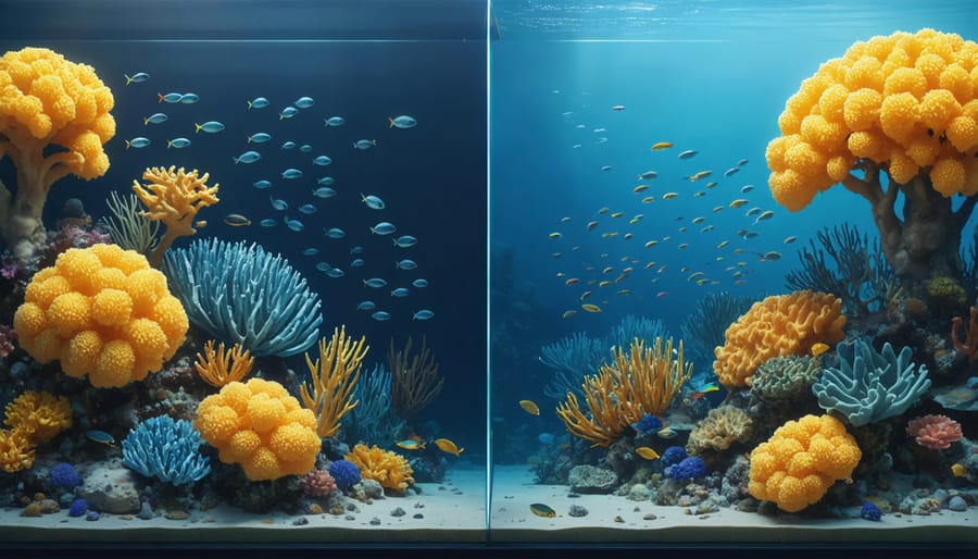 Side-by-side comparison showing traditional coral reef versus heat-resistant engineered coral reef