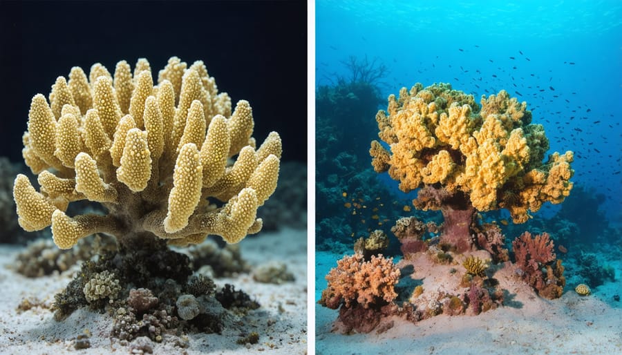 Split image showing coral reef transformation from damaged to healthy state after legal intervention