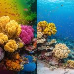 A split-screen depiction comparing a flourishing restored coral reef full of colorful corals and marine life against a bleached, degraded reef, highlighting the transformative impact of habitat restoration.