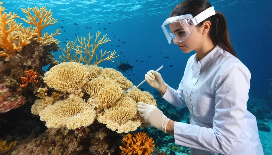 Marine biologists in laboratory growing coral fragments for reef rehabilitation