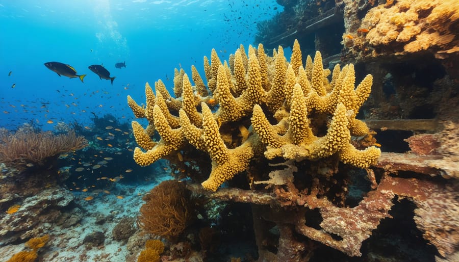 Scientists performing coral reef restoration by attaching new coral fragments