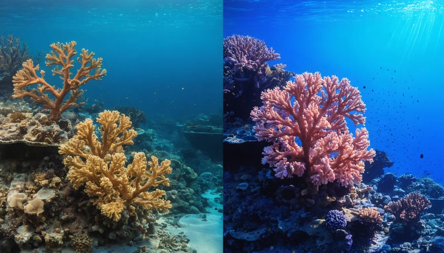 Split image showing pristine deep-sea coral reef alongside damaged seafloor from mining activity