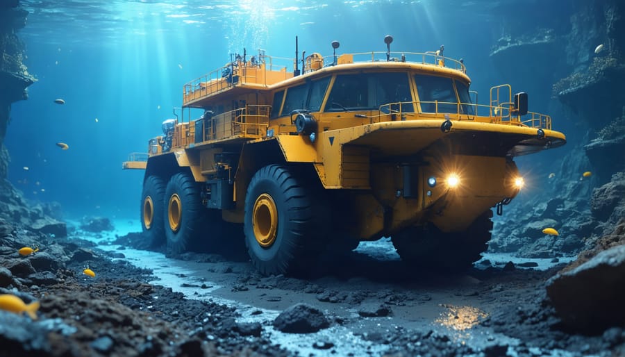 Remote-operated deep-sea mining vehicle collecting polymetallic nodules from ocean floor
