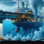 Conceptual illustration showing a deep-sea mining vehicle on the ocean floor amidst fading vibrant marine life, surrounded by sediment clouds, representing the conflict between resource extraction and marine conservation.
