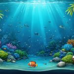Conceptual illustration depicting biodegradable materials like coconut fiber mats, bamboo frameworks, and PHA-based polymers used in marine habitat restoration, supporting coral growth and marine life.