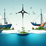 Conceptual illustration representing the balance between economic development and environmental stewardship in marine spatial planning, featuring coastal community, marine protected area, traditional fishing, modern maritime activities, and symbolic scales.